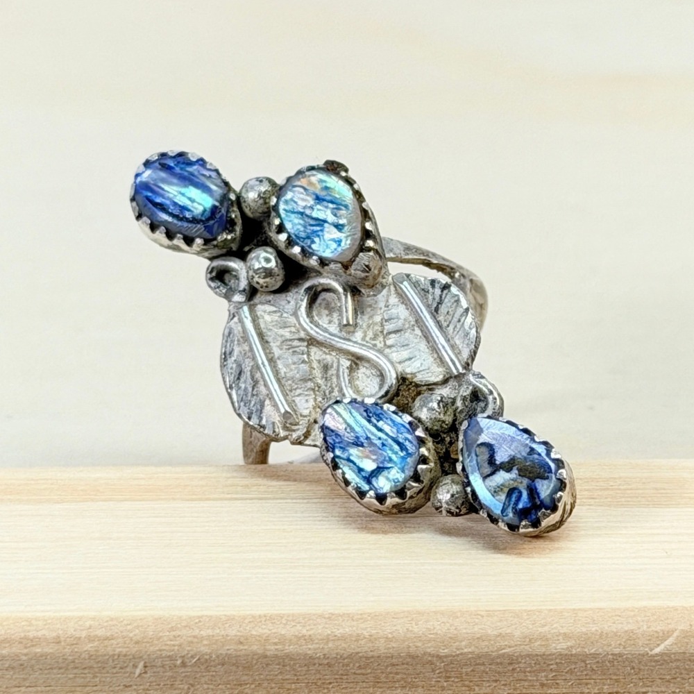 OOAK Vintage 40s 50s Sterling Silver Blue Abalone Shell Botanical Ring Size 5